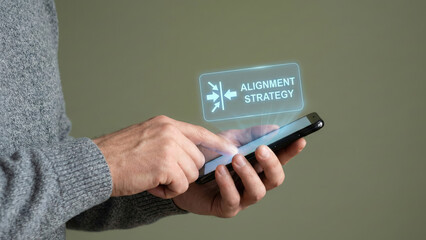 Business planning, digital strategy, high level goal alignment concept on mobile device screen, focused male hand touch smartphone interface