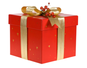 A festive red gift box with gold ribbon and berries