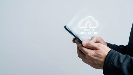 Cloud migration high level planning strategy digital technology concept smartphone high level planning strategy for cloud migration concept with