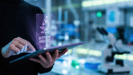 Data analysis digital tablet laboratory research innovation microscope deep dive future technology scientist analytics biotechnology blue modern