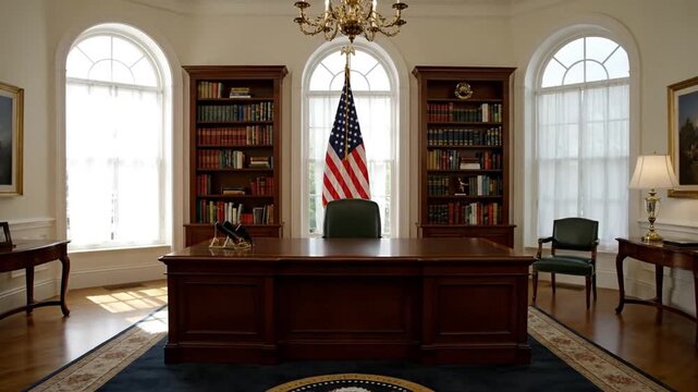 The Oval Office, the President's workspace in the White House, featuring a large wooden desk and the American flag.