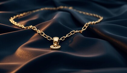 Luxury gold necklace displayed on dark velvet surface with soft reflections and elegant lighting, high detail texture, realistic photographic style, isolated focus, premium jewelry concept.