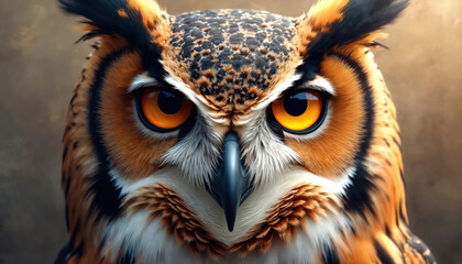 Close-up portrait of owl with intense yellow eyes. Detailed feathers and beak. Soft watercolor background art. This illustration represents wisdom and nature.