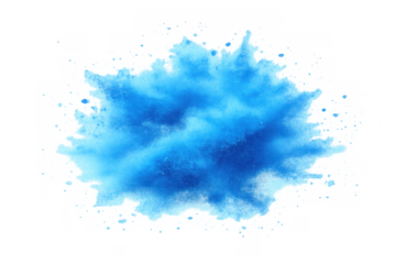 Blue powder explosion bursting, creating an abstract cloud of color with particles, transparent background