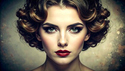 A close-up portrait shows a woman with dramatic makeup. She has curled brown hair, striking eyes, and bold red lips. A soft background