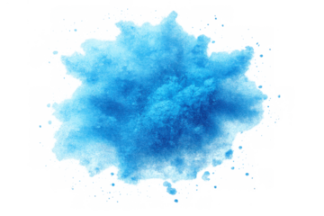 Blue powder bursting cloud creating a colorful dust explosion, abstract paint splash concept on transparent background