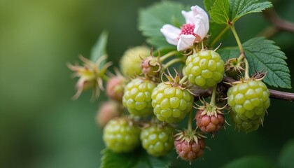 Obraz premium Green raspberries grow on a bush branch with a small white flower and green leaves. Some fruits are still red and small, showing early stage growth. The background is a soft blur of nature.