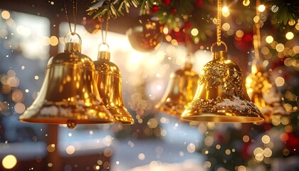 Close-up of gold bells with snow detail hanging from a Christmas tree branch, bright background