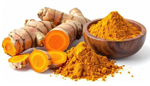 Close-up of turmeric root and powder; fresh, vibrant orange color