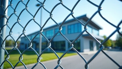 Fototapeta premium Chain link fence protects modern building with blue windows. Green lawn surrounds structure. Secure perimeter outdoors on sunny day. Private property boundary visible.