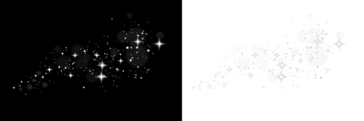 white sparkling light dust and glowing starbursts float across a dark background, creating a magical, elegant atmosphere with shimmering particles and radiant bokeh effects. floating glitter dust.