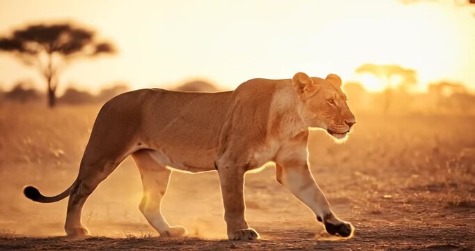 Majestic lioness walking gracefully across the golden savannah at sunset, showcasing natural beauty