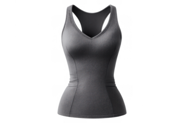 Gray athletic tank top with racerback design and v-neck, sportswear apparel mockup for fitness and workout on transparent background