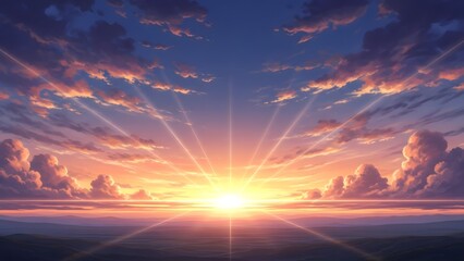 A breathtaking digital illustration capturing the serene beauty of a radiant sunrise over the tranquil ocean, with vibrant golden light piercing through dramatic cloud formations