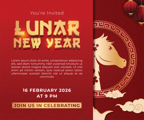 Festive Lunar New Year Invitation with Golden Horse and Lanterns
