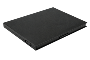 Portable black external hard drive case with textured fabric surface on a transparent background