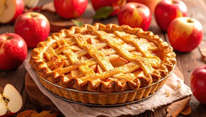 Baked apple pie with lattice crust, surrounded by fresh red apples