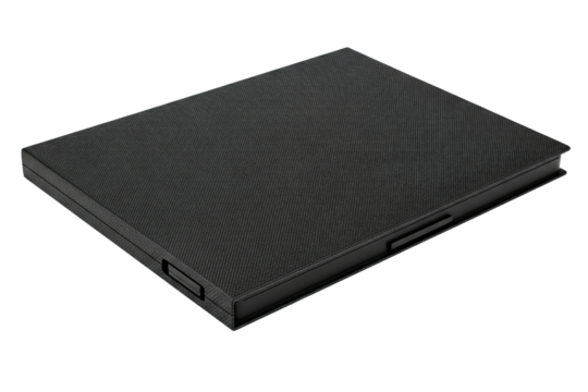 Portable black external hard drive case with textured fabric surface on a transparent background - Powered by Adobe