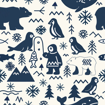 Arctic Nordic Seamless Vector Pattern with Polar Animals and Winter Symbols