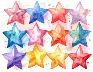 Watercolor illustration of 12 multi-colored, five-pointed stars arranged in a grid against a soft, textured background