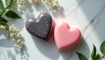 Two heart shaped soap bars lie on marble surface surrounded by green leaves and tiny white flowers. Pink and dark gray soaps offer romantic gift or bath spa, clean beauty.