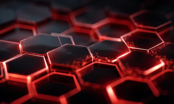 Video showcasing a close-up view of illuminated hexagonal patterns highlighted with vivid red lighting effects