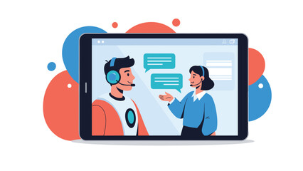 Woman has a video call with a futuristic chatbot or virtual assistant on a tablet, showcasing online customer support.