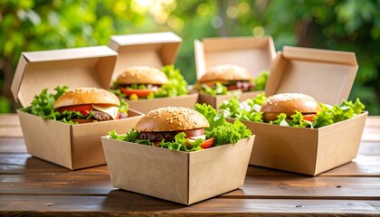 Five burgers in eco-friendly boxes sit on a wooden table, fresh lettuce and tomatoes. Blurry green foliage in the background