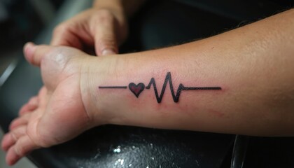 Close view of heart beat tattoo on arm. Lifeline symbol with heart shape on skin. Person shows body art in natural light. Permanent ink design on body.
