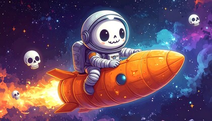 Whimsical astronaut skeleton in a spacesuit rides an orange rocket through a vibrant, cosmic nebula, with floating skulls nearby