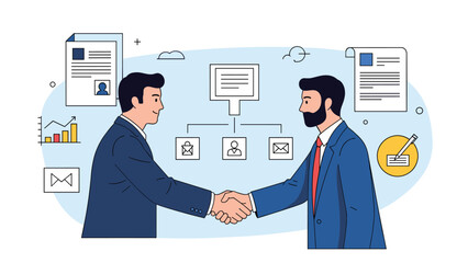 Two businessmen shaking hands to confirm a partnership, surrounded by icons representing different aspects of a business agreement.