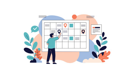 Man organizes a weekly schedule on a large calendar board, planning tasks and marking locations with pins for time management.