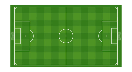 An aerial view illustration of a classic green soccer field, featuring distinct white lines, a central circle, and goal areas, designed for football matches and competitive sporting events