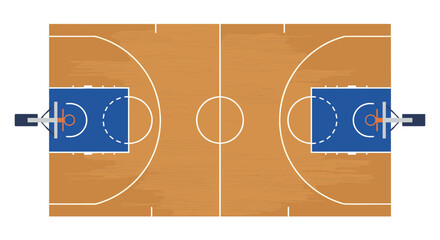 Top-down view of a clean, empty basketball court, illustrating game play area and markings
