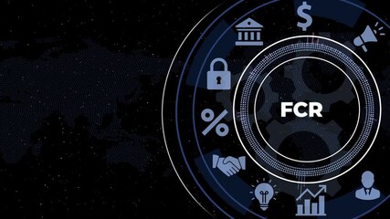 FCR concept infographic with icons and with gears on dark blue background First Contact Resolution customer service
