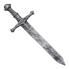 Antique fantasy sword, hand drawn ink illustration, medieval weapon, black ink sketch, isolated on white.