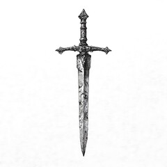 Antique fantasy sword, hand drawn ink illustration, medieval weapon, black ink sketch, isolated on white.
