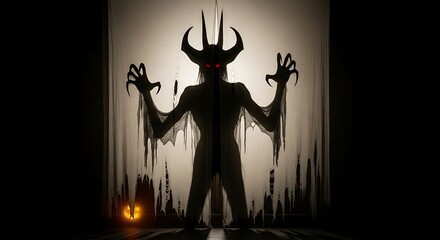 Silhouette of a spooky creature with outstretched arms on a lighted backdrop