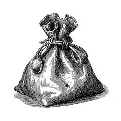 Leather coin pouch, medieval money bag, hand drawn ink sketch, RPG loot icon.