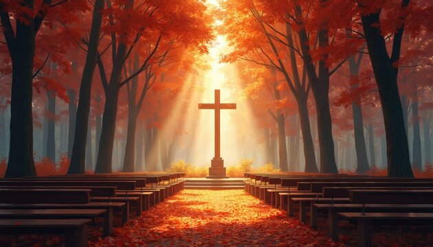 Wooden pews face a cross bathed in bright sunbeams piercing through autumn trees. Light streams down onto a forest floor covered in fallen leaves, creating a sacred, serene atmosphere.