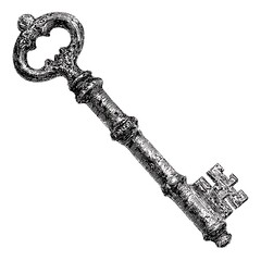 Antique iron key, medieval lock key, hand drawn ink illustration, isolated on white.