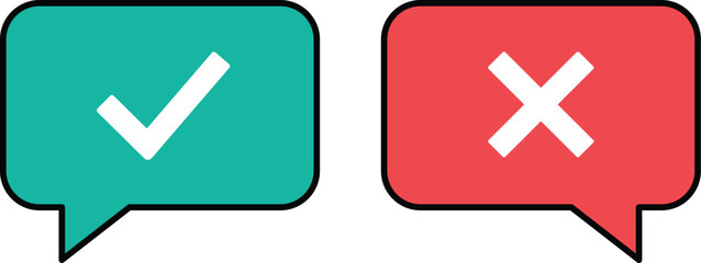 Teal speech bubble with white checkmark and red speech bubble with white cross approval