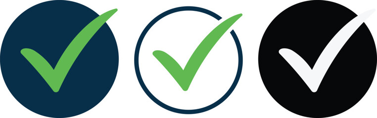 Three checkmark in different color circles dark blue white and black checkmark check mark tick mark