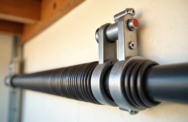 Close up of a garage door torsion spring mechanism. This heavy duty metal coil powers an overhead door for residential or commercial use. It needs regular maintenance and repair.