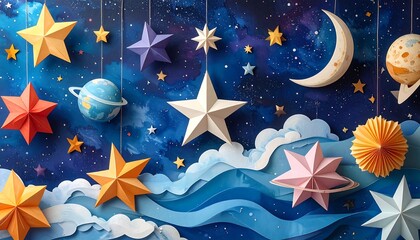 Whimsical celestial scene with layered paper cutouts of stars, moon, clouds, and planets against a starry blue backdrop