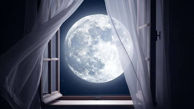 Moonlit night view through open window
