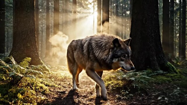 A majestic wolf emerges from a sunlit forest, surrounded by tall trees and lush vegetation