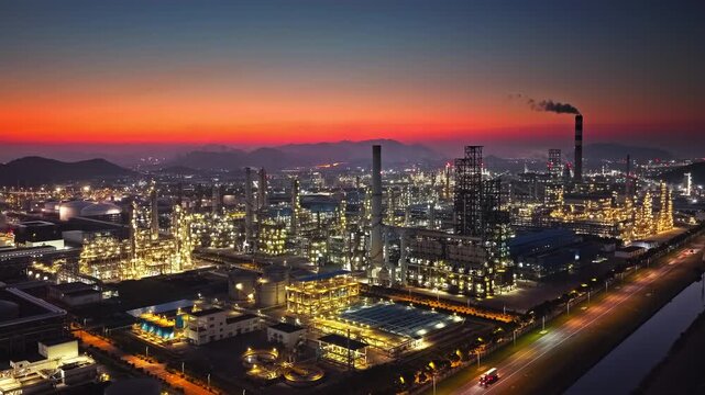 Aerial shot of illuminated oil refinery and chemical plant industrial area at night
