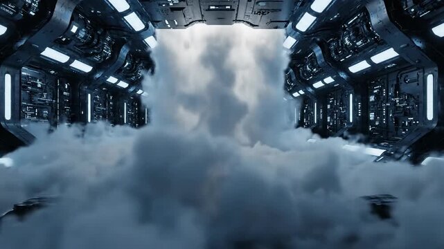Opening a futuristic chamber with fog and light effects