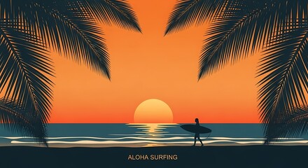 Silhouette surfer on beach at sunset with palm trees and ocean scenery
